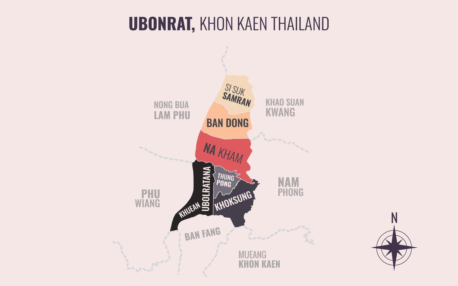 Map showing Ubonrat District Khon Kaen Thailand divided into sub-districts with minimalist colorful patterns vector