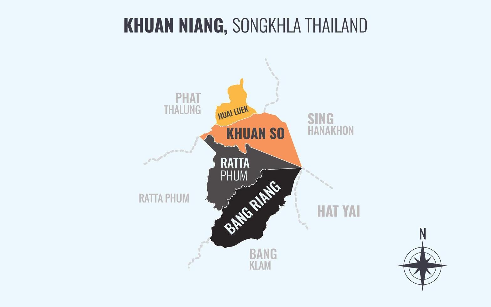 Map showing Khuan Niang District Songkhla Thailand divided into sub-districts with minimalist colorful patterns vector