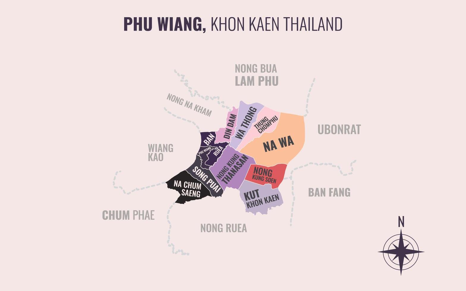 Map showing Phu Wiang District Khon Kaen Thailand divided into sub-districts with minimalist colorful patterns vector