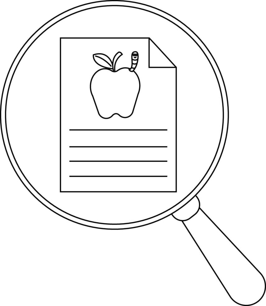 Magnifying glass focuses on a document with an apple worm and text lines vector