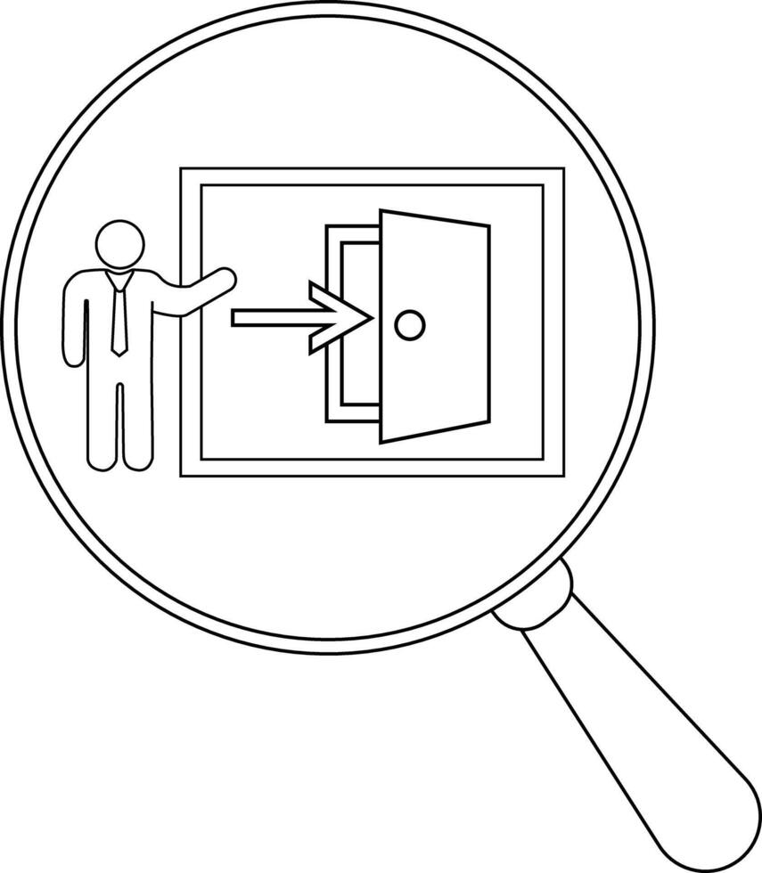 Magnifying glass shows a person pointing to an open door with an arrow entering it vector