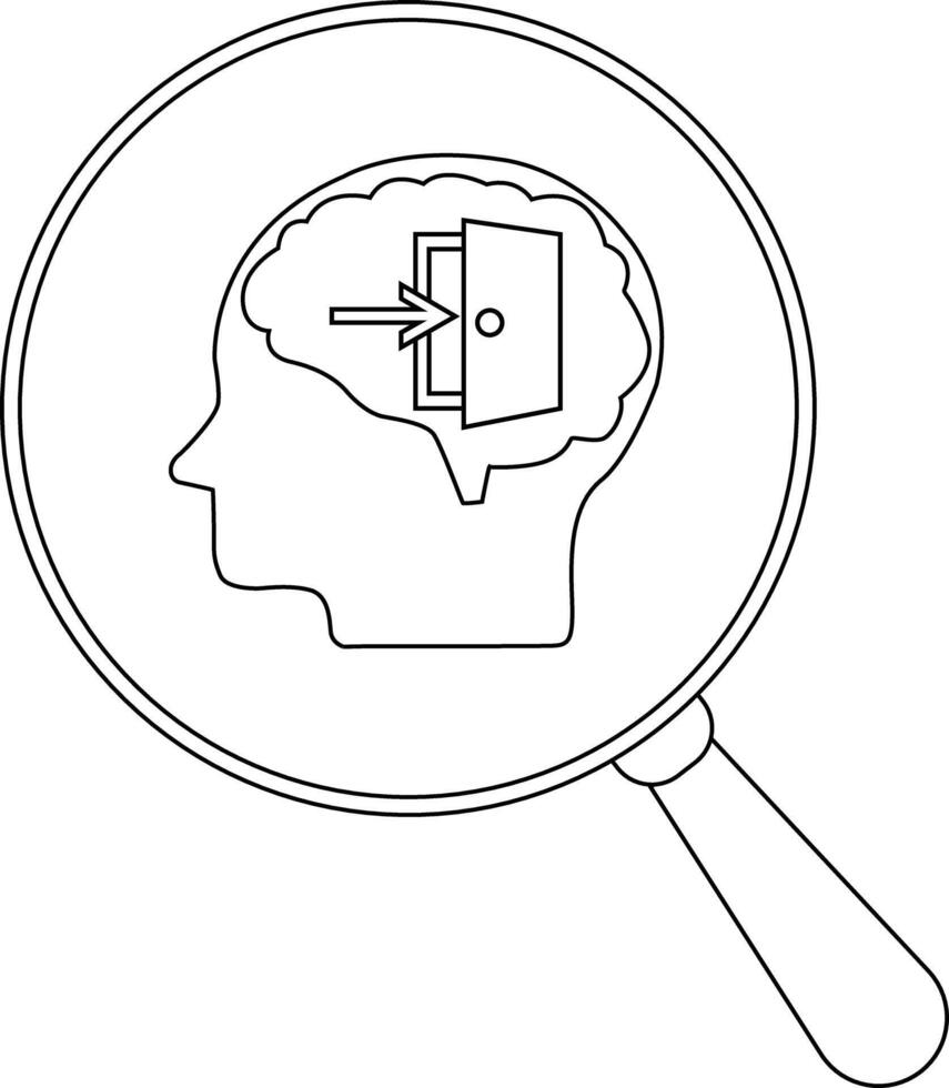 A magnifying glass focuses on a profile head containing a brain with a door and an arrow entering all in line art vector