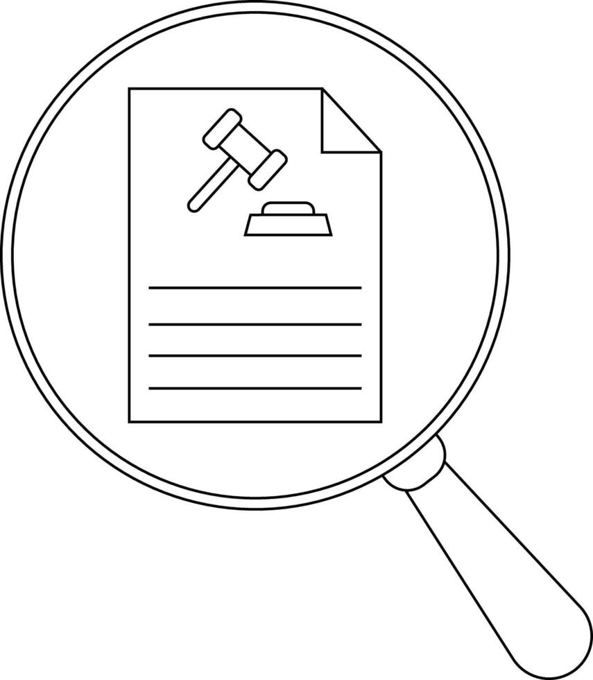 A magnifying glass focuses on a document featuring a gavel and lines of text vector