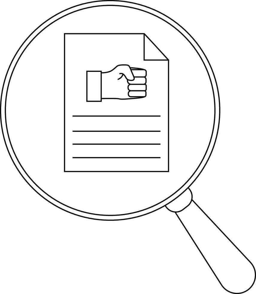 A magnifying glass highlights a document with a fist graphic suggesting scrutiny or investigation vector