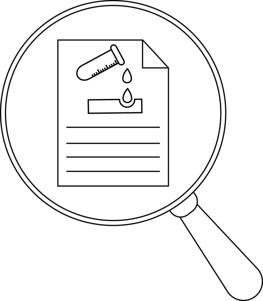 A magnifying glass focuses on a document with a test tube and liquid dropping vector
