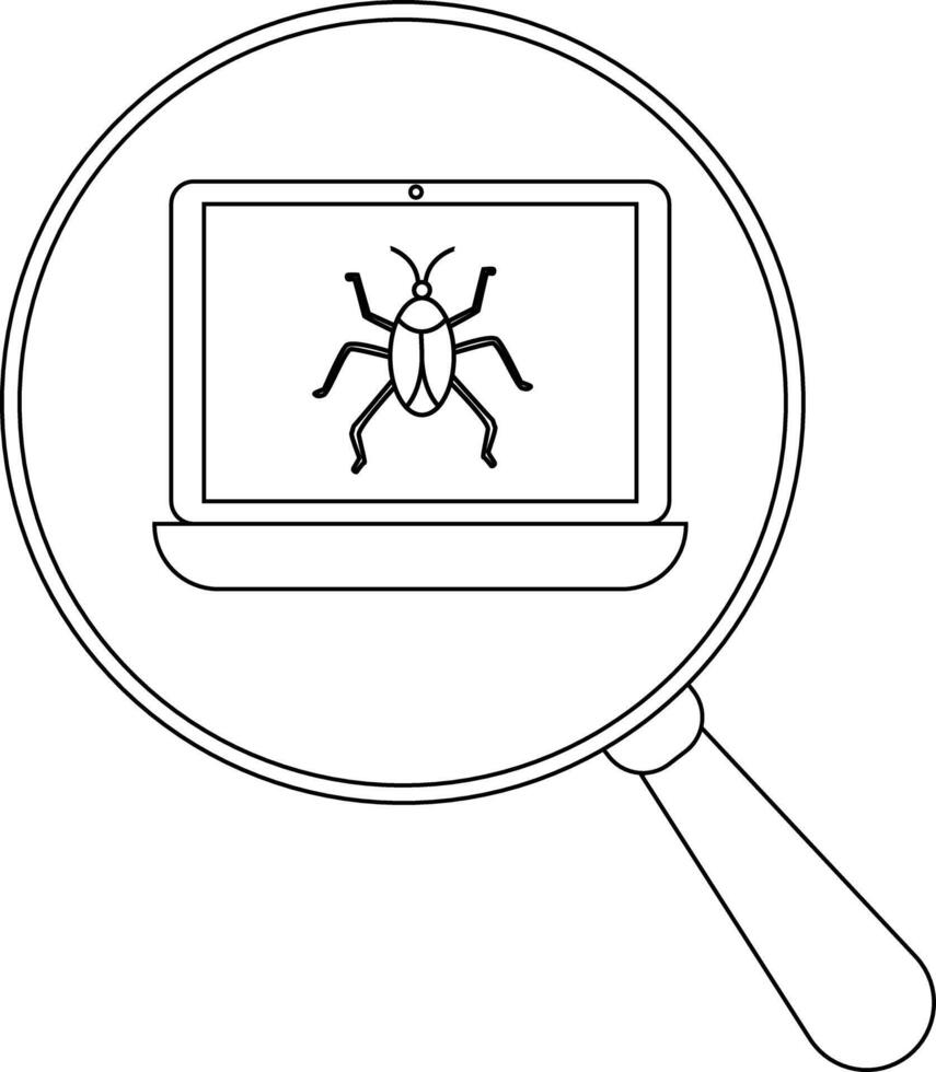 A laptop screen with a bug icon framed within a magnifying glass vector