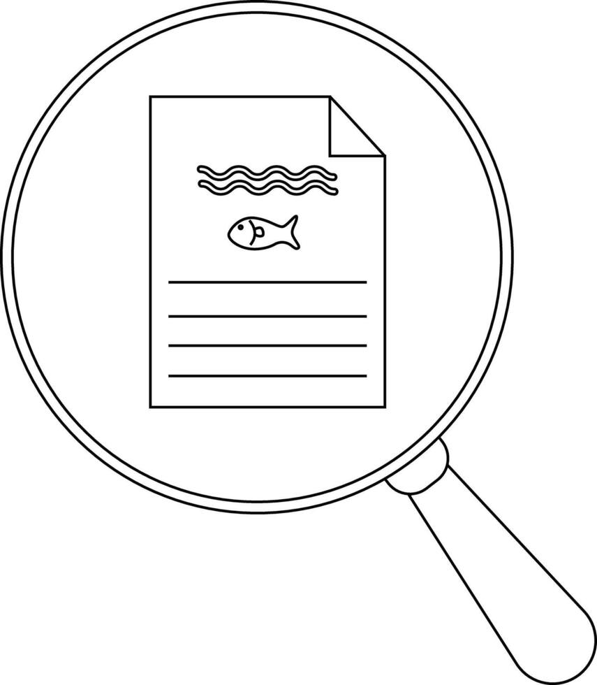 Magnifying glass focuses on a document with lines a fish and wavy lines vector