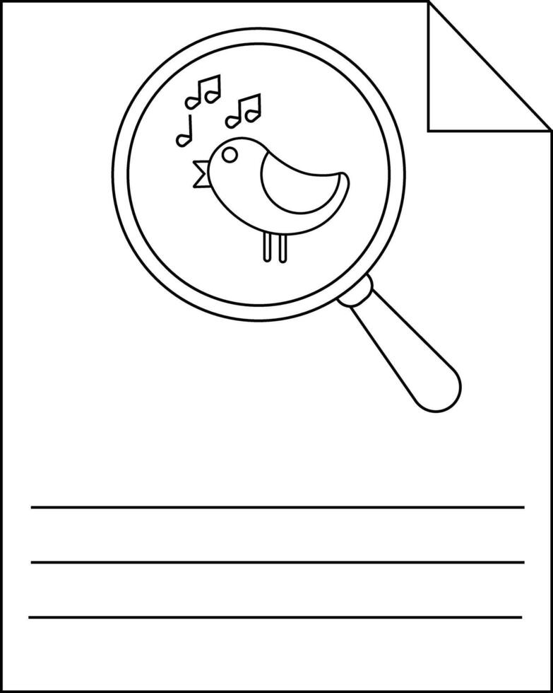 A magnifying glass focuses on a bird with musical notes all on a document with lines vector