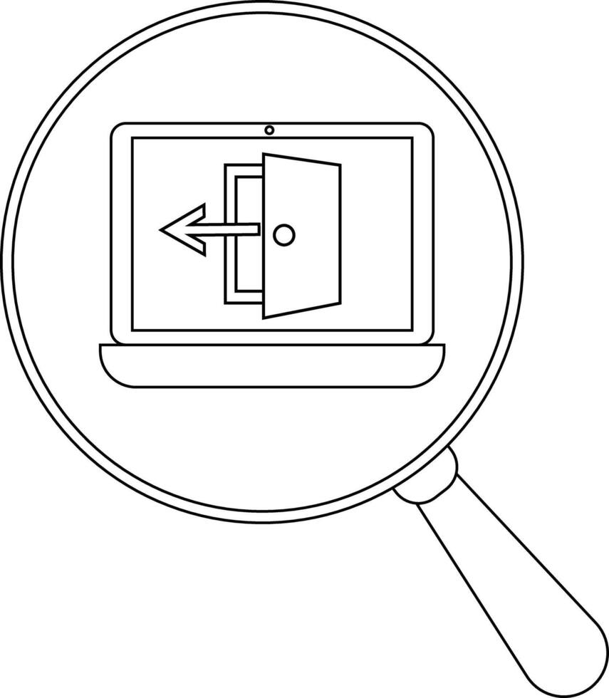 A magnifying glass focuses on a laptop displaying an exit door with an arrow vector