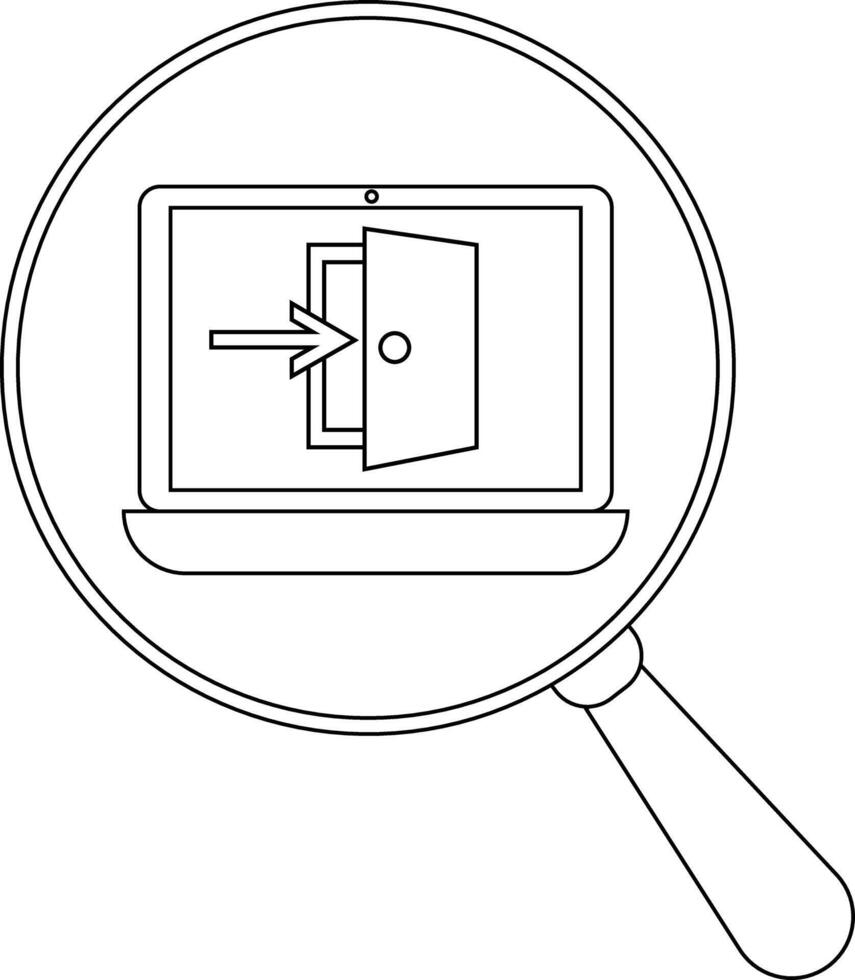 Magnifying glass focuses on a laptop displaying an open door with an incoming arrow vector