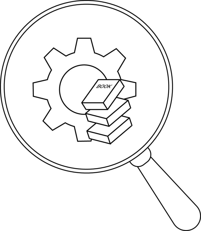 A magnifying glass focuses on a gear stack of books vector