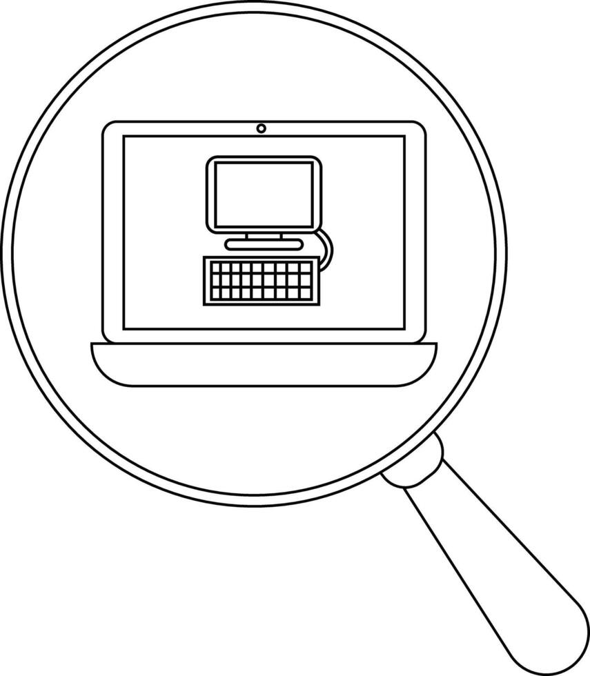 A magnifying glass focuses on a laptop displaying an older desktop computer setup vector