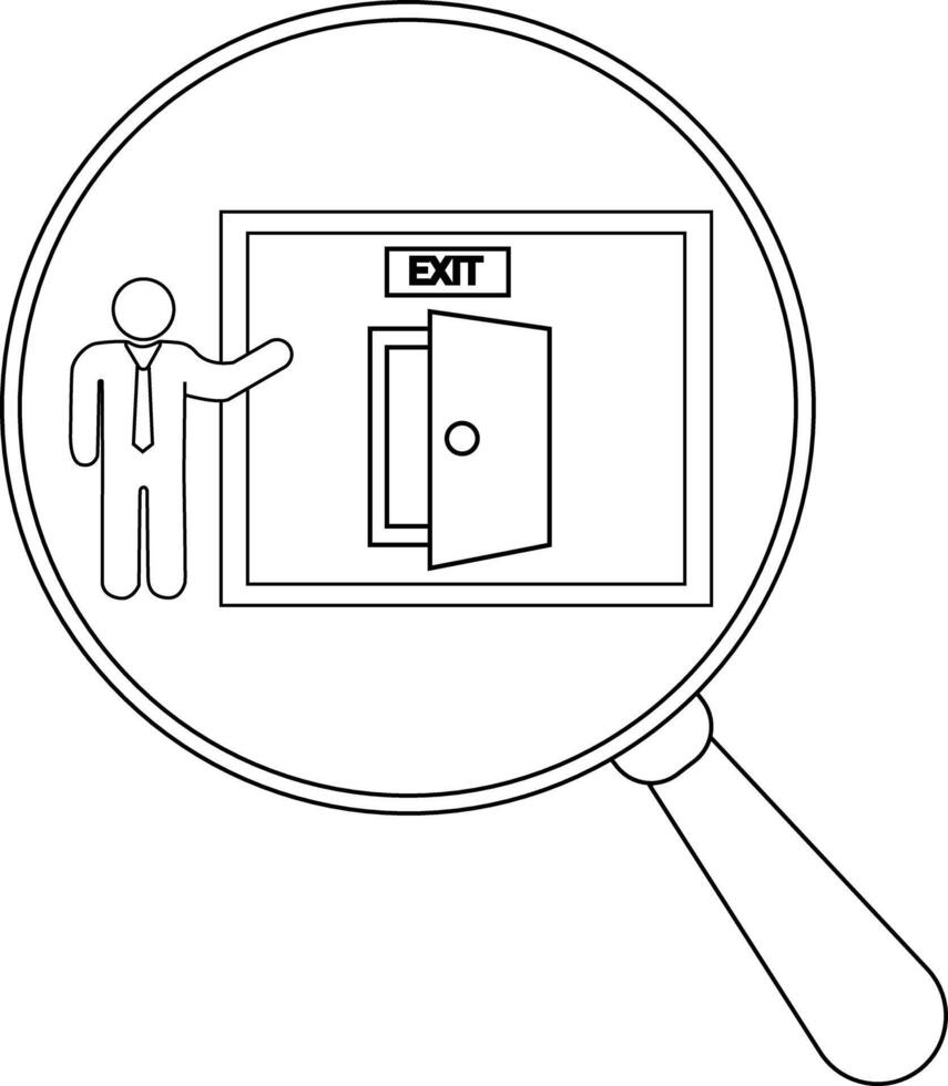 Man points to an exit sign and open door all magnified by a magnifying glass vector