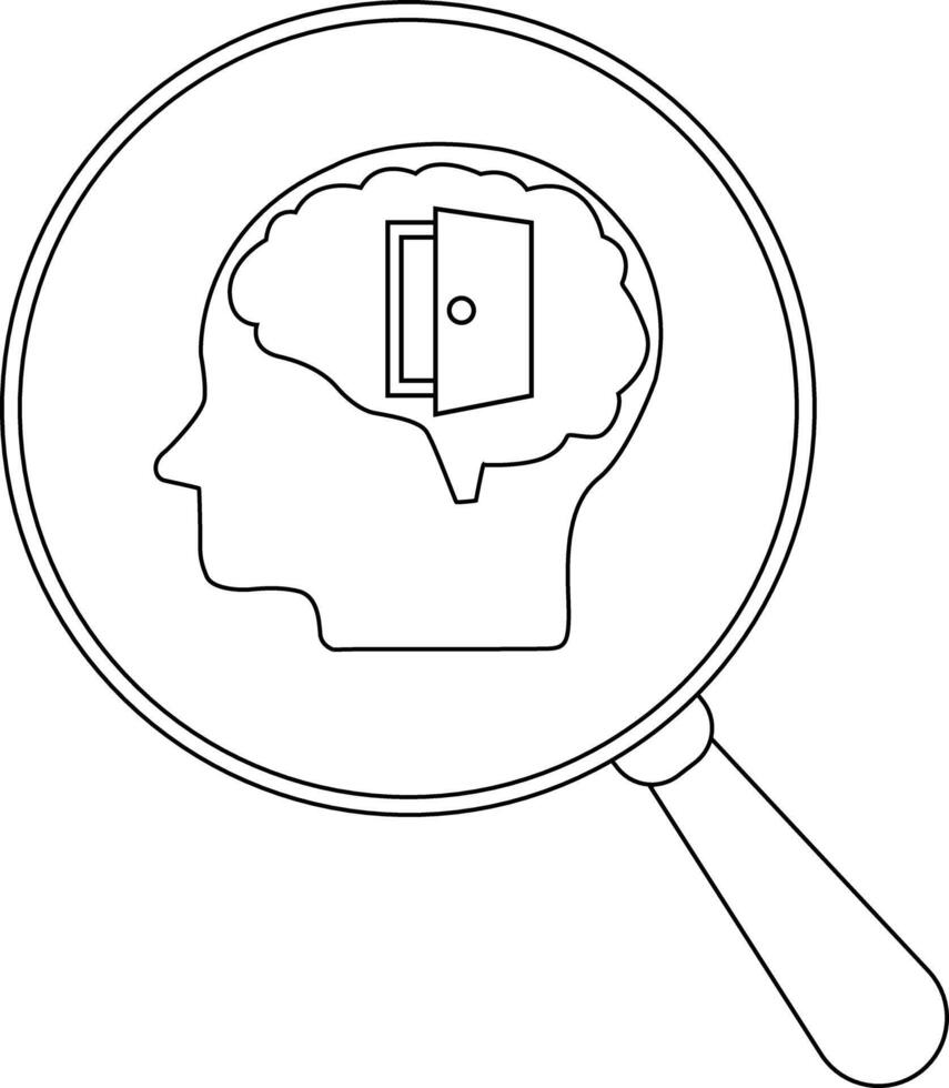 Line drawing head with open door brain inside a magnifying glass handle facing down vector