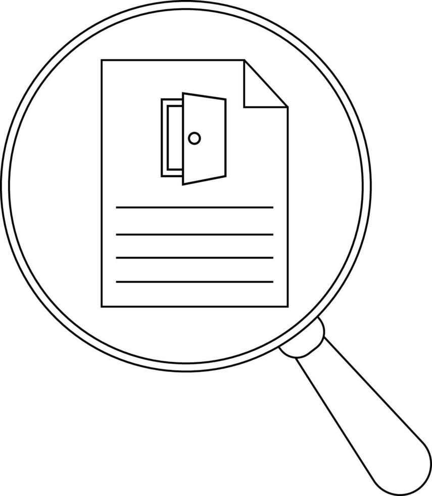 A magnifying glass focuses on a document displaying a door icon and horizontal lines vector