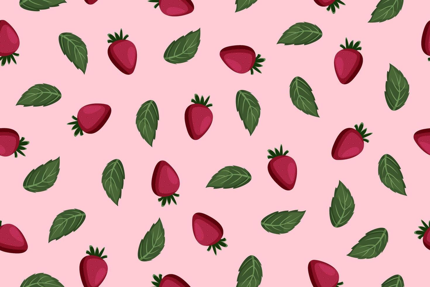 Summer seamless pattern with fresh strawberries and green leaves on a soft pink background. Bright, playful, and perfect for spring designs, packaging, textiles, and wrapping paper. vector