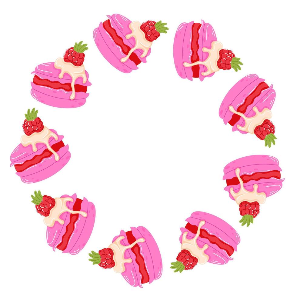 Wreath with pink macaroon with spreadable cream and raspberry on top in flat style. Valentine Day design for bakery card, cafe menu isolated on a white background. vector