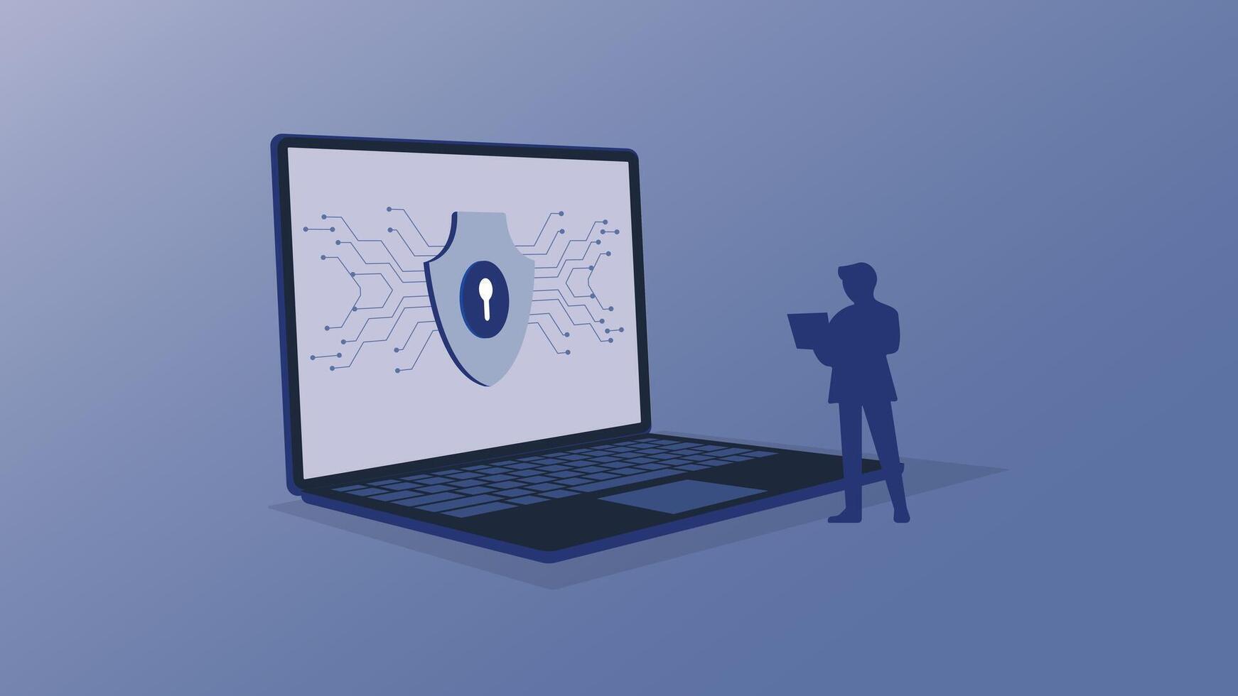 Modern cybersecurity background featuring a laptop with a digital shield icon symbolizing secure data protection encryption privacy and online safety ideal for tech and security designs vector