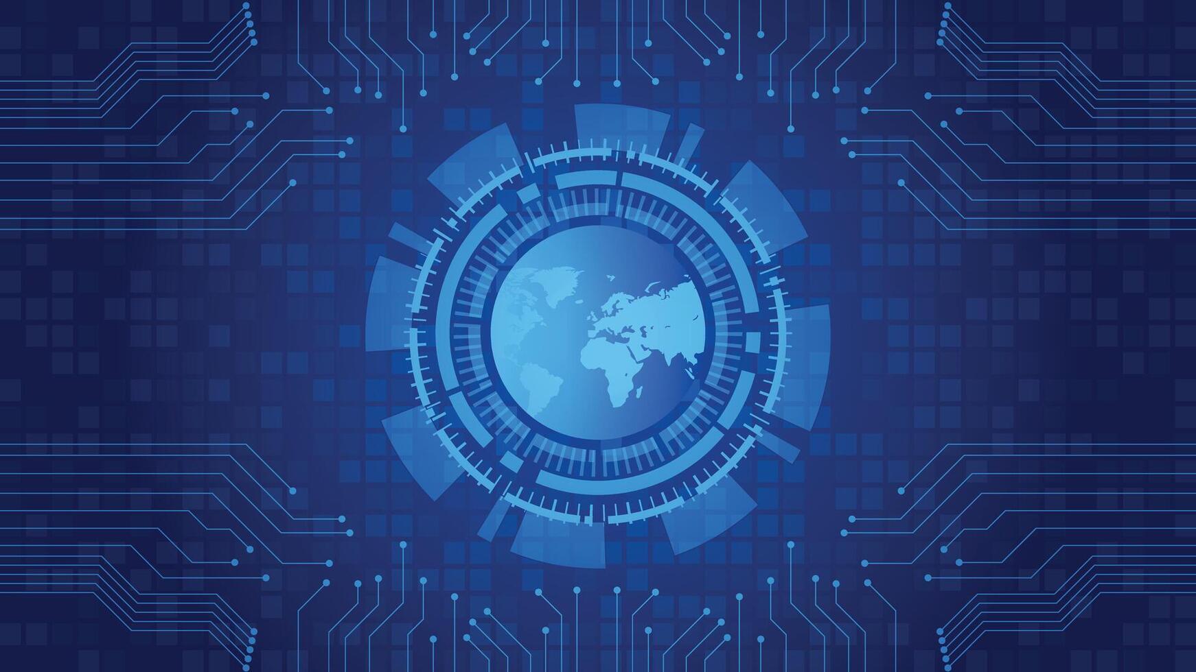 Blue global technology background featuring a digital world map inside a futuristic circular interface with circuit lines ideal for cyber themes data networks innovation and modern tech designs vector