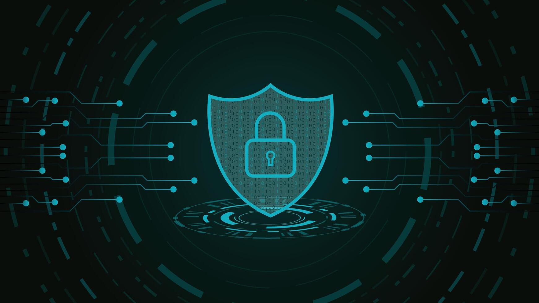 Modern cyber security background featuring a digital shield lock and futuristic circuit lines ideal for technology privacy protection data safety encryption and network security designs vector