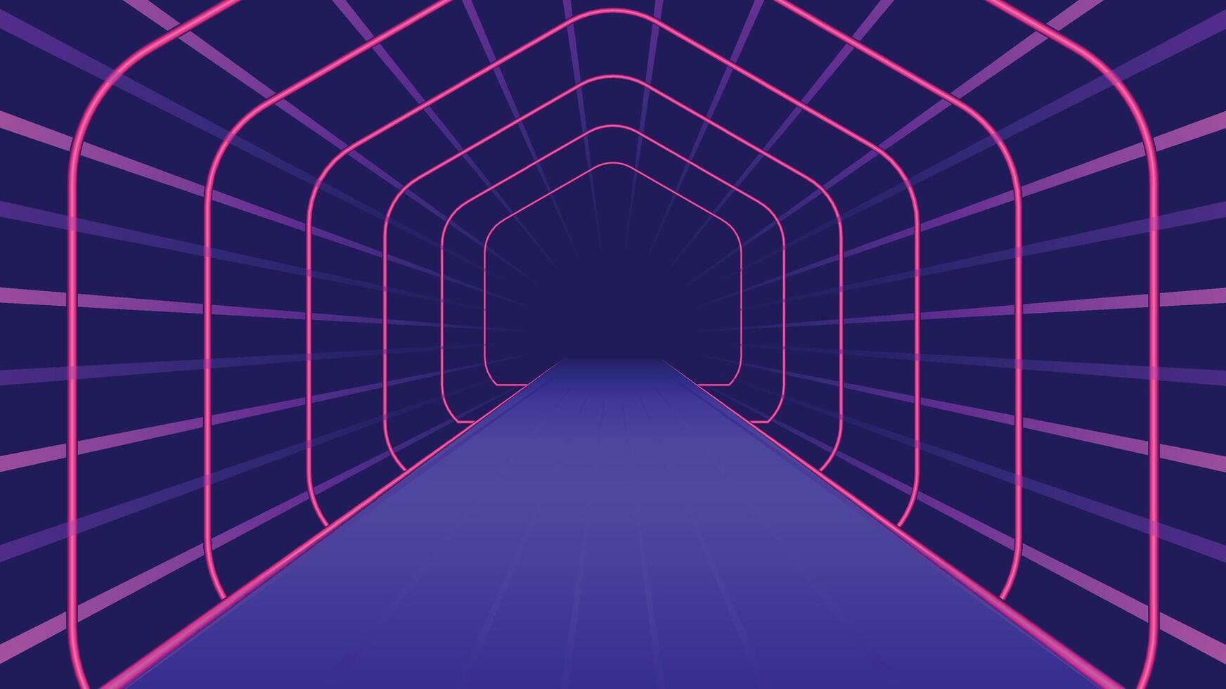 Futuristic neon tunnel background featuring glowing pink and purple lines with a deep perspective effect ideal for tech themes gaming designs digital art sci fi concepts and modern abstract visuals vector