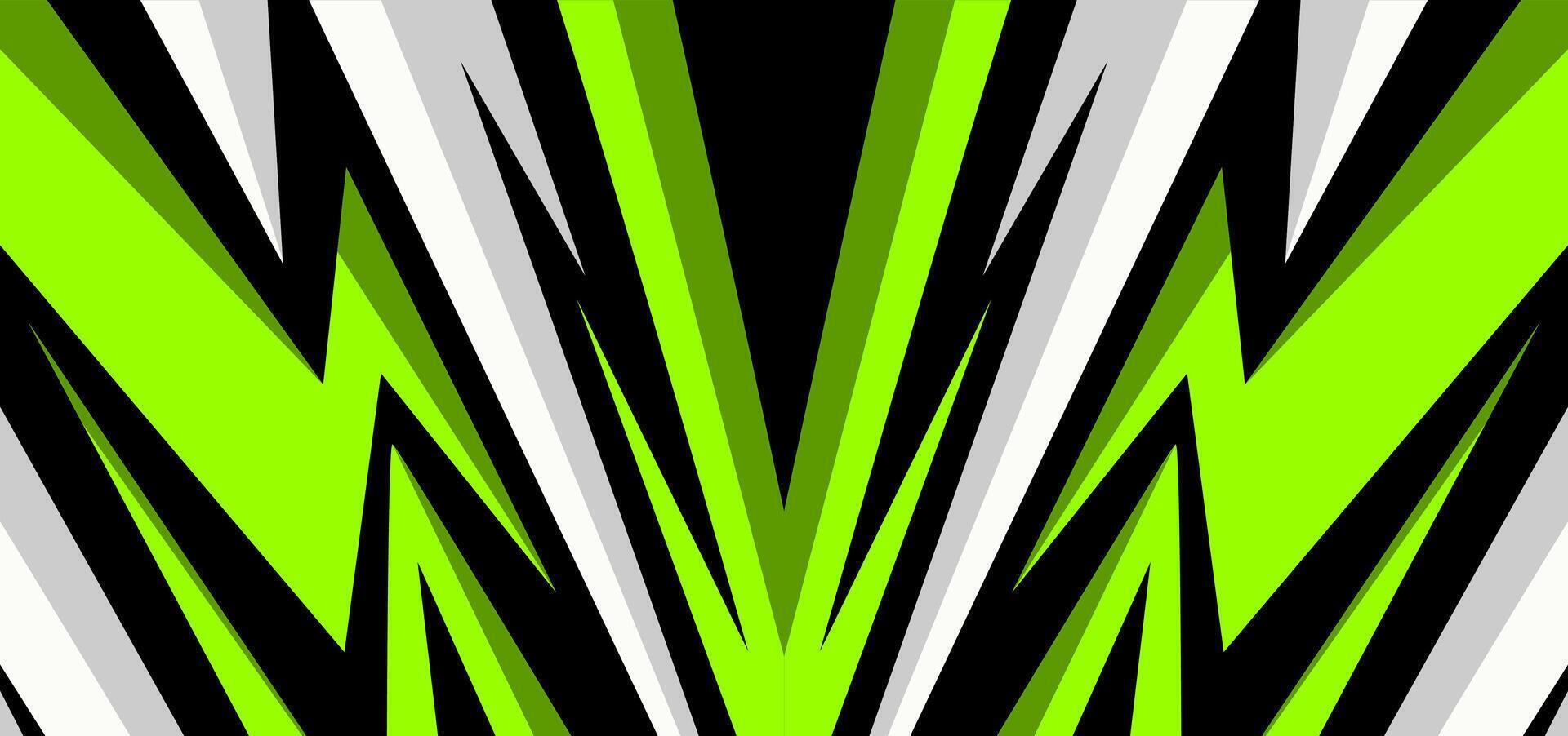 Neon green and black abstract pattern with sharp chevron-like angles, suitable for gaming interfaces and vibrant sports layouts. vector