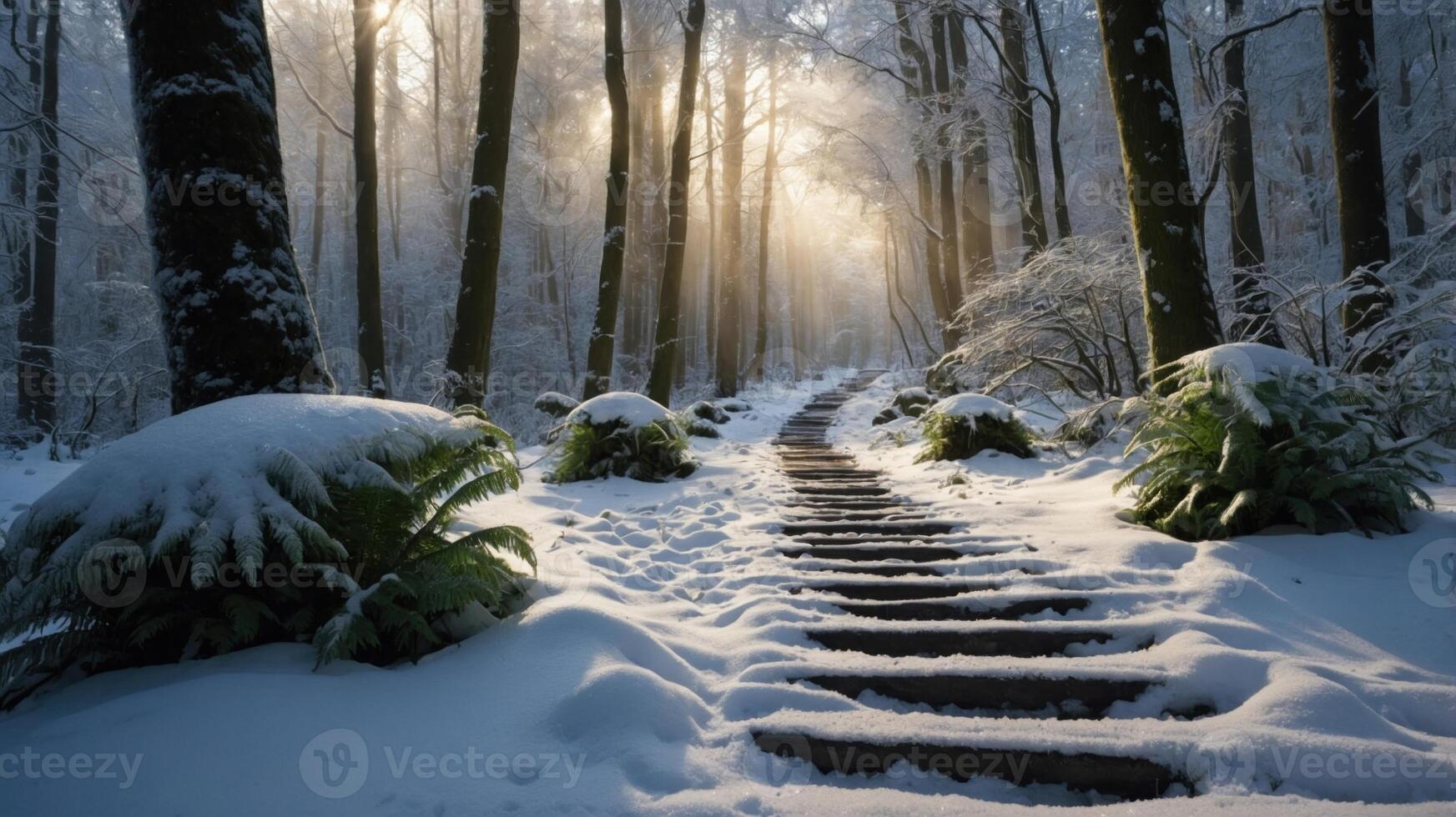Serene winter forest path illuminated by soft sunlight filtering through frosty trees and snow photo
