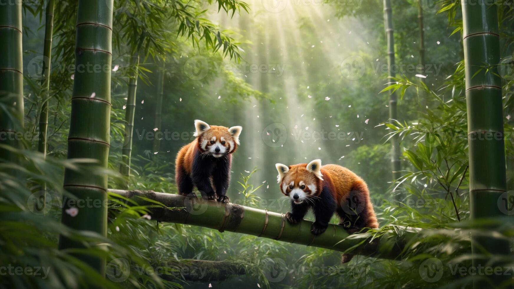 Two red pandas playfully climbing a bamboo branch in a serene forest, sunlight filtering through trees photo
