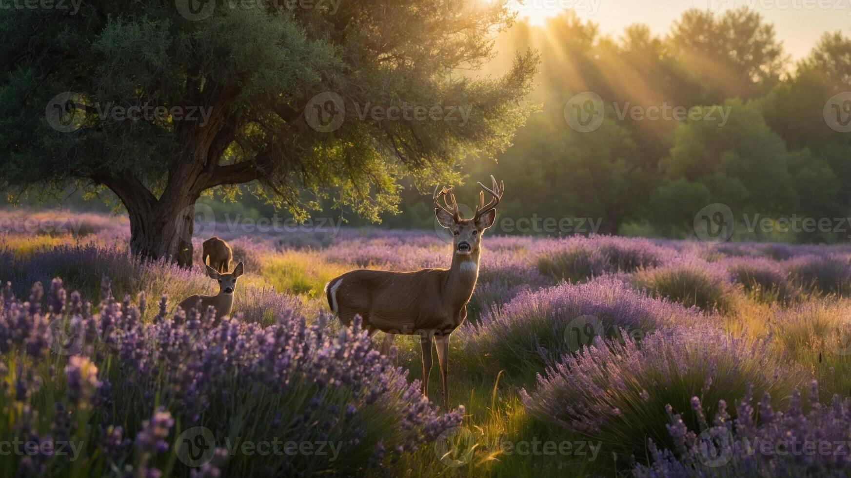 Serene scene of a deer and fawn in a lavender field during golden hour with soft sunlight filtering through trees photo