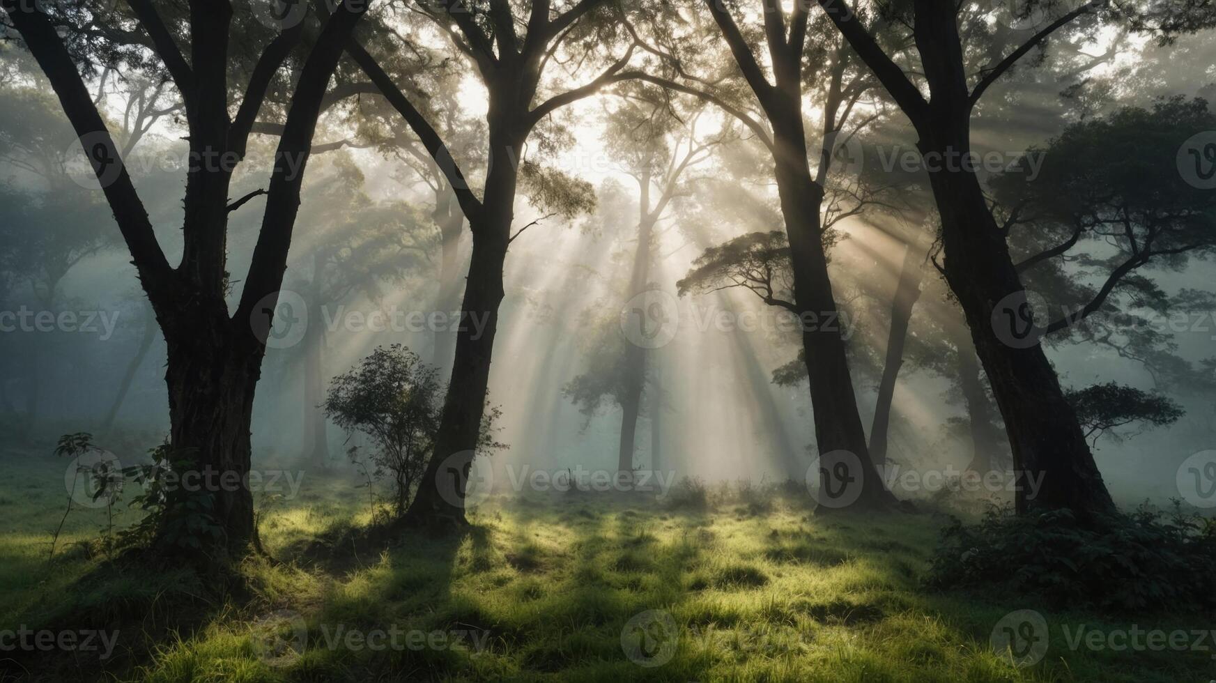 Serene forest scene with sun rays filtering through tall trees, creating a mystical atmosphere photo