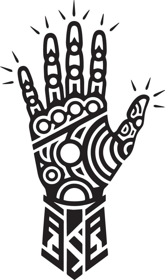 A stylized black and white illustration of a hand with complex geometric patterns and radiating lines, emerging from a patterned base. vector