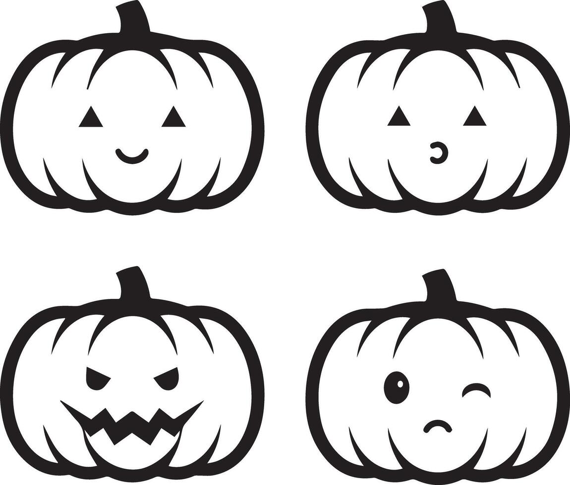 A set of four simple, hand-drawn cartoon pumpkins, each displaying a unique and distinct facial expression, outlined in black on a white background. vector