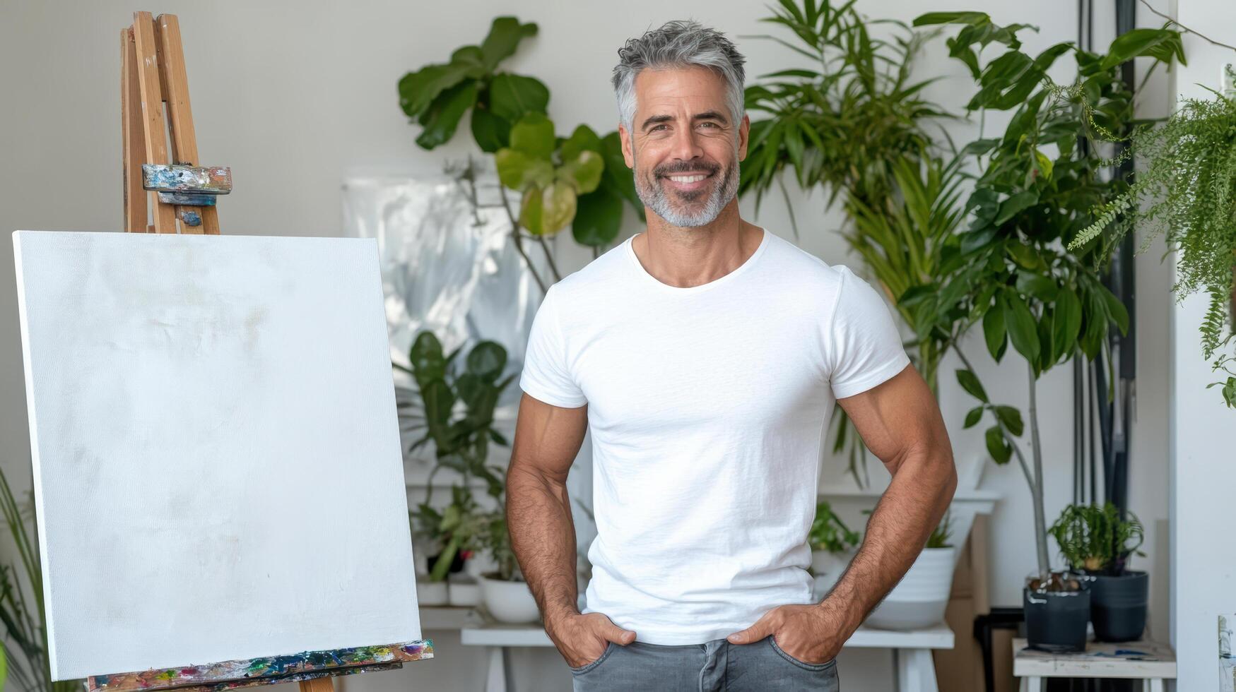 Portrait of a happy man standing in front of an easel with a blank canvas photo
