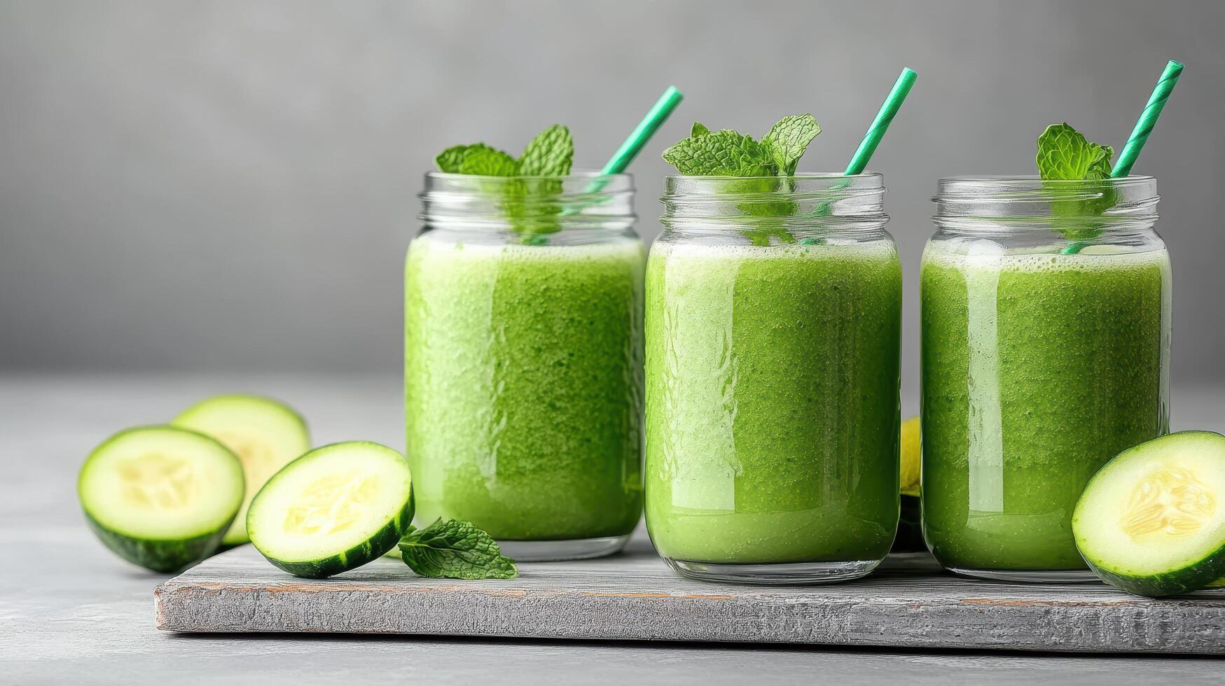 Three jars of green smoothie with cucumber slices photo