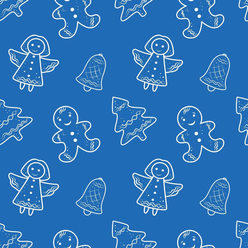 Gingerbread cookie seamless pattern, blue background. Holiday cookie repeat pattern, festive tile. Christmas biscuit pattern, gingerbread motif vector