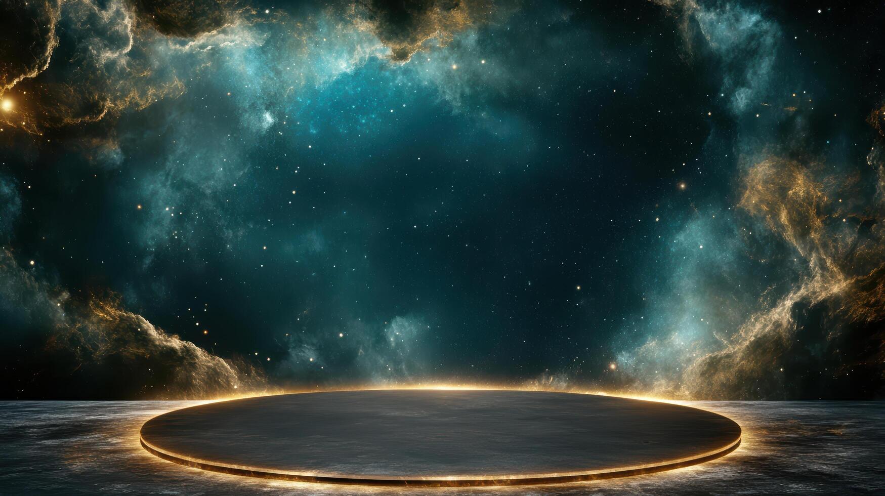 A dark, empty space with a round table and a bright star photo