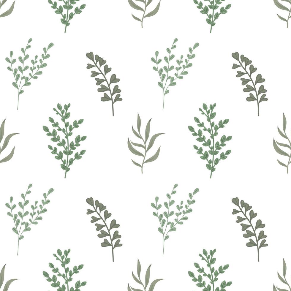Twig seamless pattern, leafy background with different leaves. Botanical twig motif, pattern tile design. Leaf and branch pattern, nature background vector