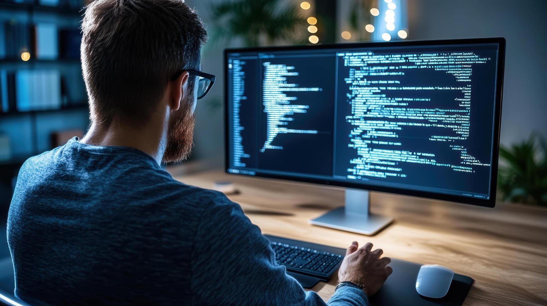 A man is sitting at a desk with a computer screen and a keyboard photo