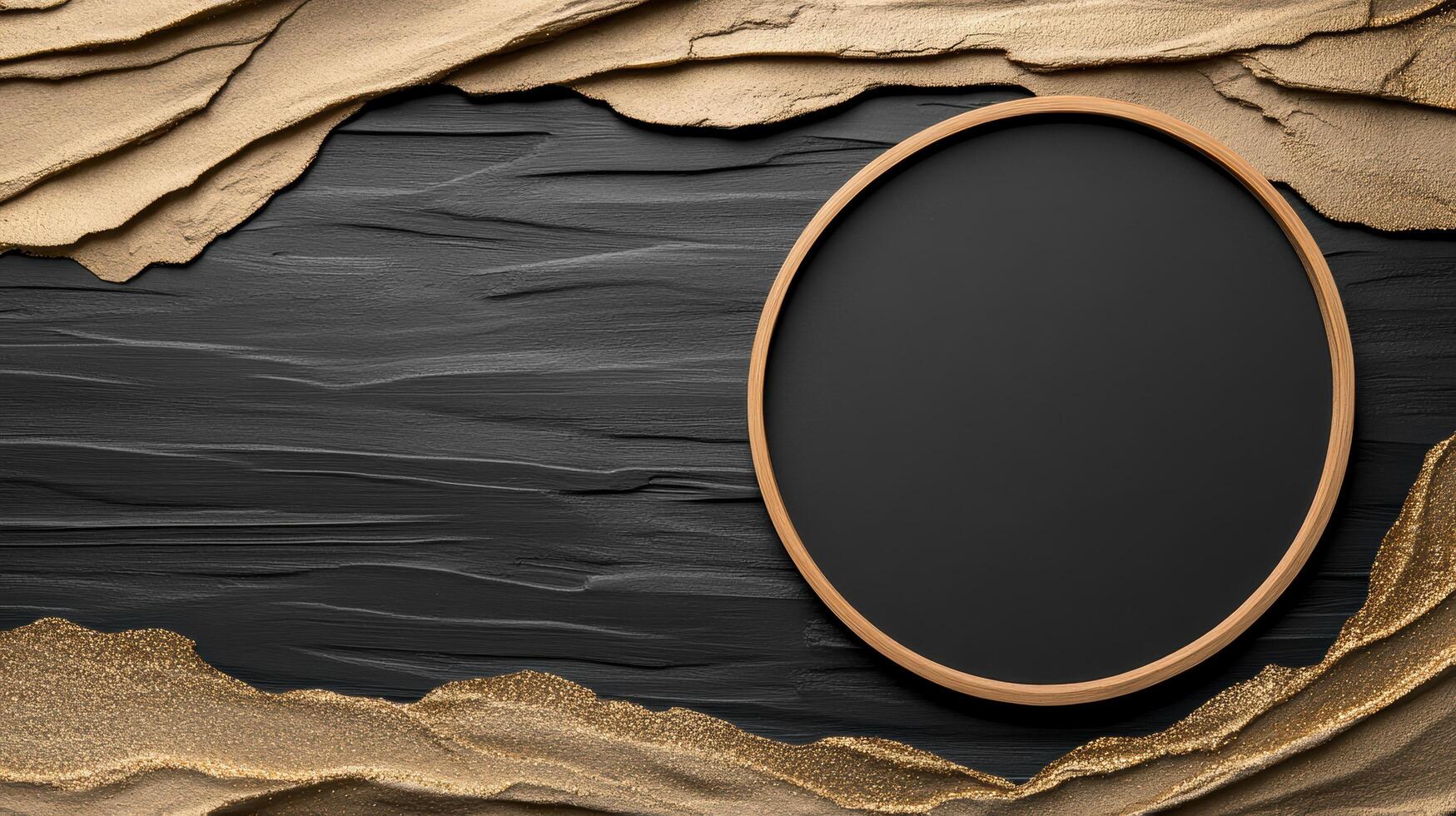 Black and gold background with a wooden frame and empty oval frame photo