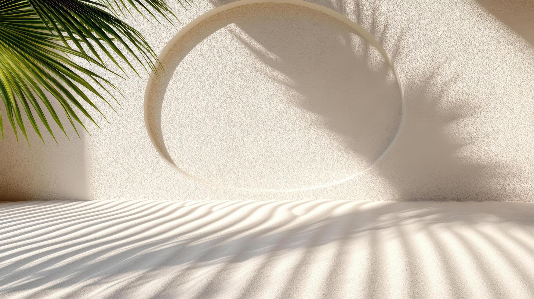 A white wall with a palm tree and a circular window photo