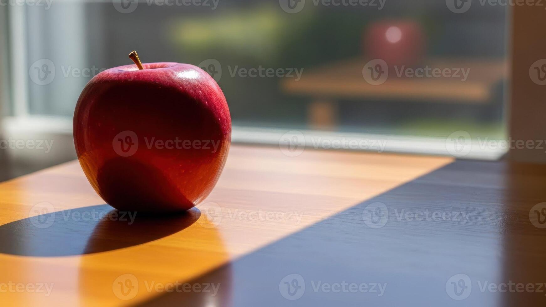 A red apple sitting on a table in front of a window photo