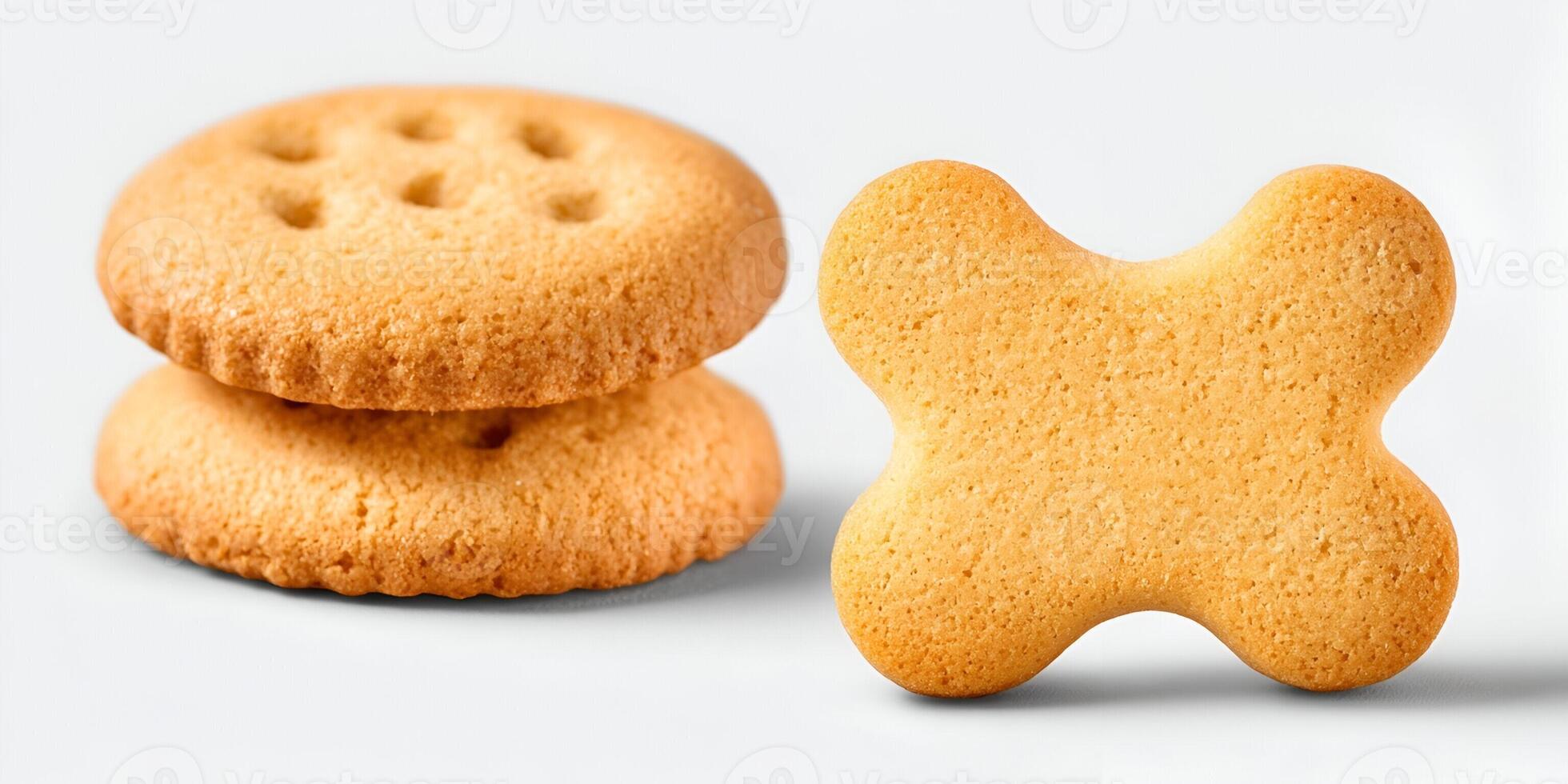 A close up view of two types of golden brown cookies including a stack of round cookies and a butterfly shaped cookie on a white background photo