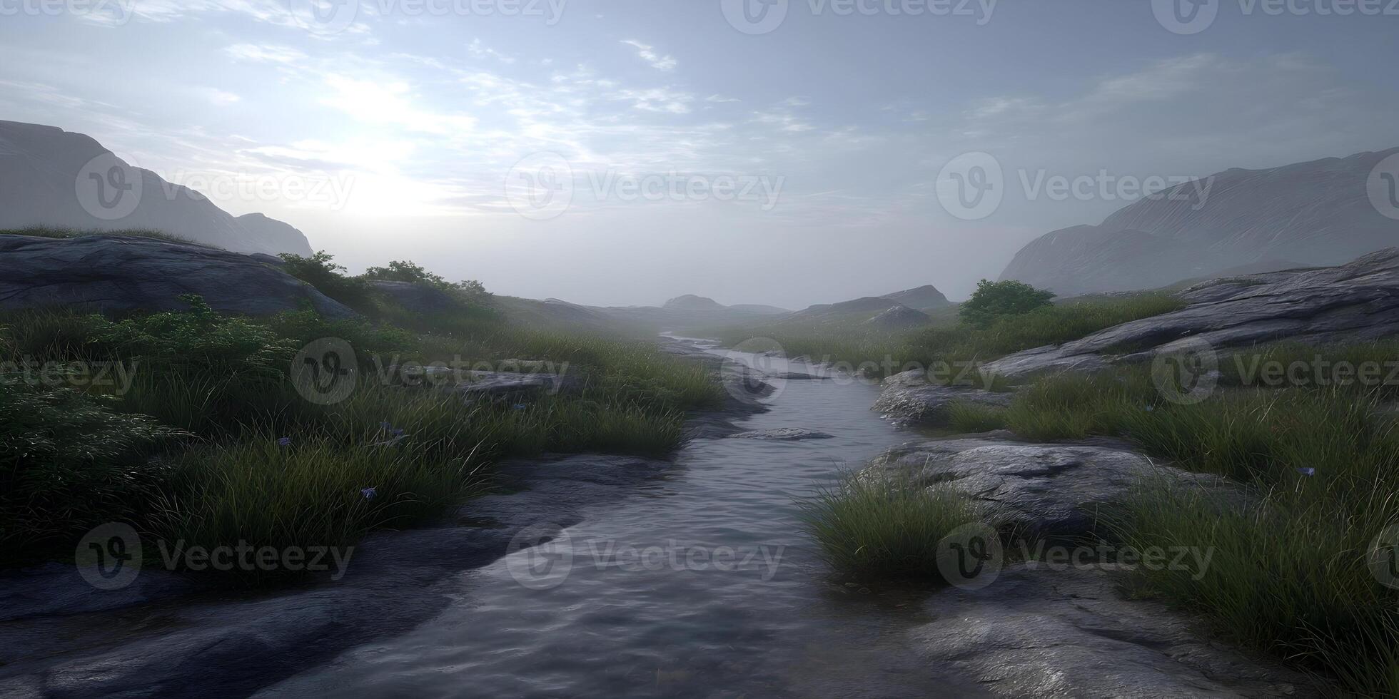 A tranquil stream flows over rocks and through green grass in a hazy mountain setting photo