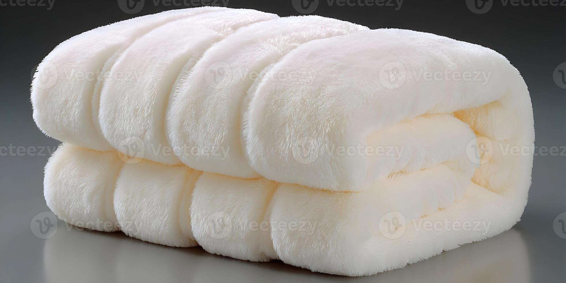 A soft cream colored plush blanket or comforter is rolled up displaying its cozy texture photo