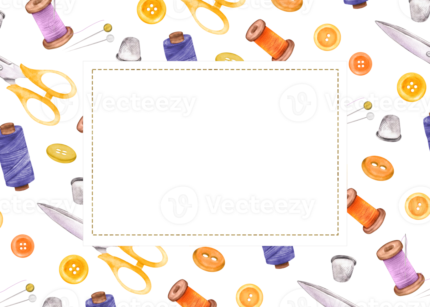 Horizontal rectangular frame of sewing items and copy space for text. Scissors, thread spools, round buttons, pins, thimble. Dressmaking. Hand drawn illustrations for sewing, crafting-themed design png