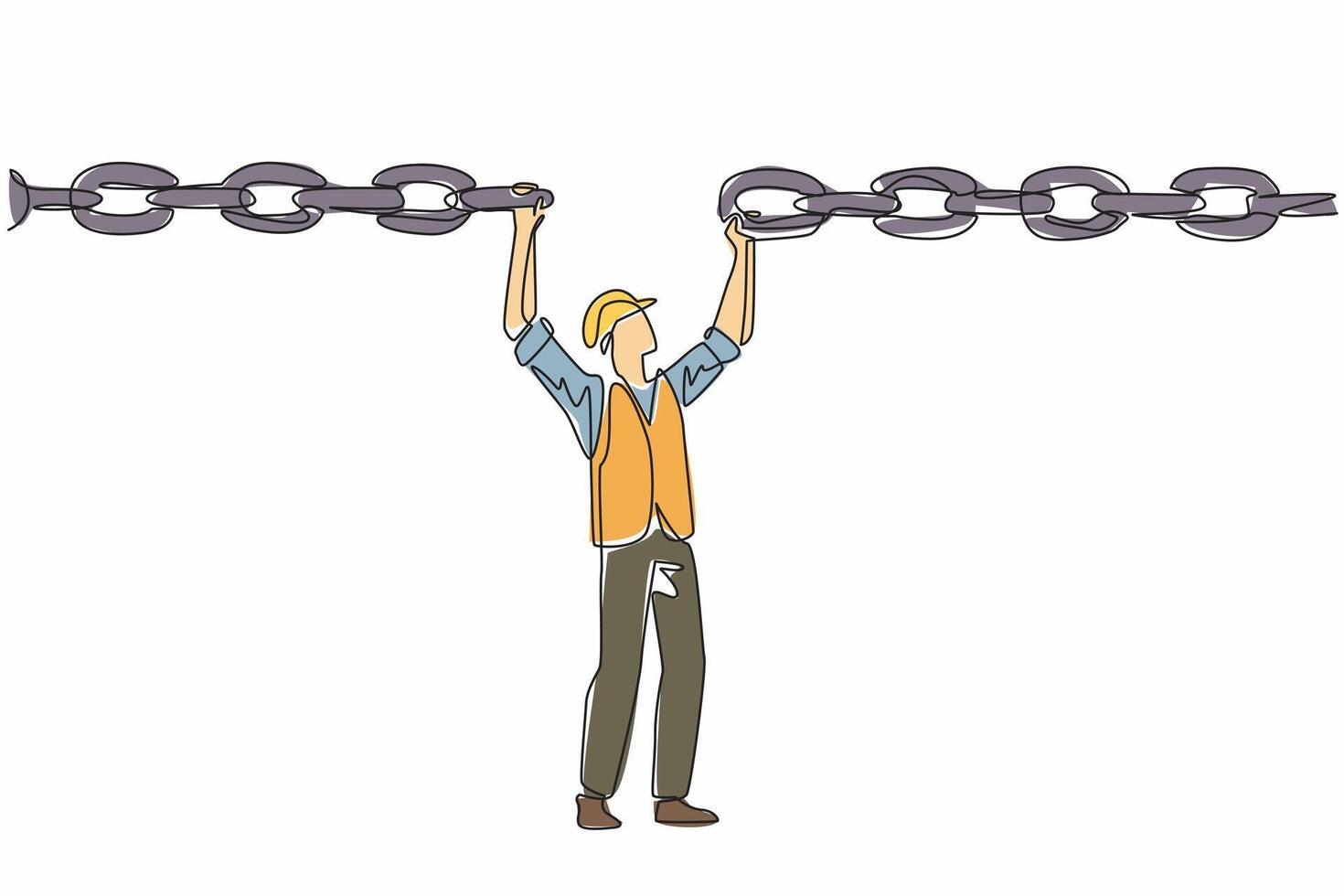 Continuous one line drawing man wearing project vest and helmet holds a broken chain above head. Ensure timely delivery. Effort. National Supply Chain Day. Single line draw design illustration vector