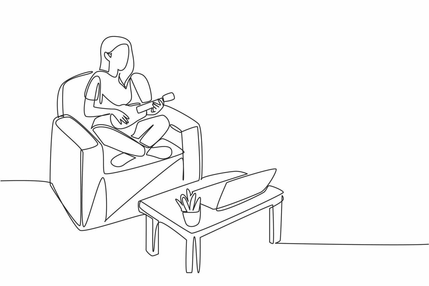 Continuous one line drawing woman sit cross legged on sofa play ukulele looks at laptop screen. Learn practice from expert. National Play Your Ukulele Day. Single line draw design illustration vector