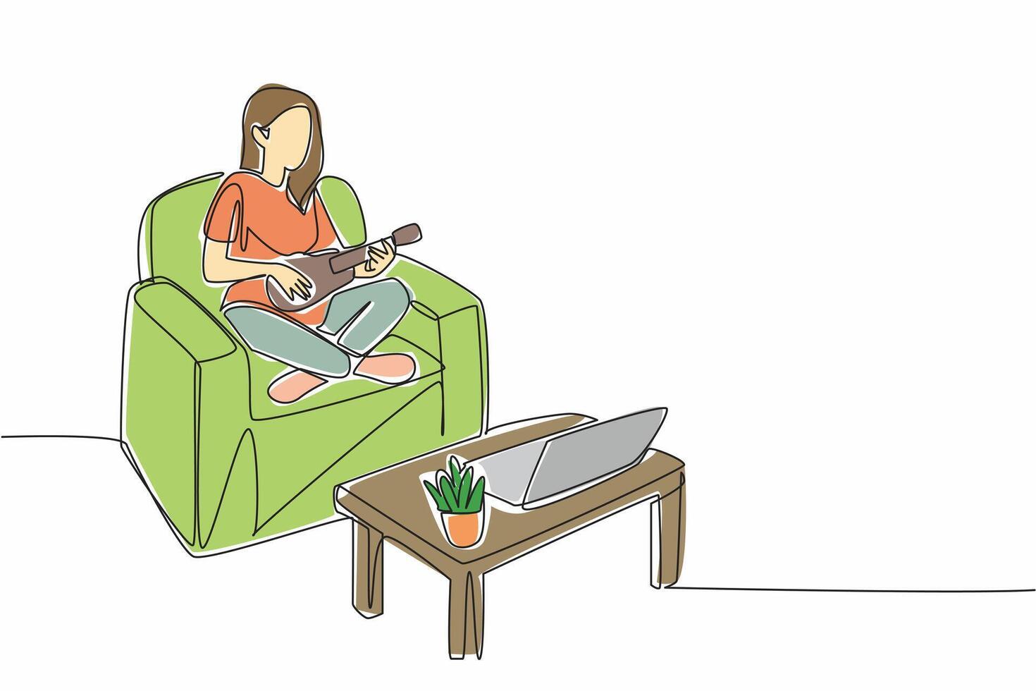 Continuous one line drawing woman sit cross legged on sofa play ukulele looks at laptop screen. Learn practice from expert. National Play Your Ukulele Day. Single line draw illustration vector