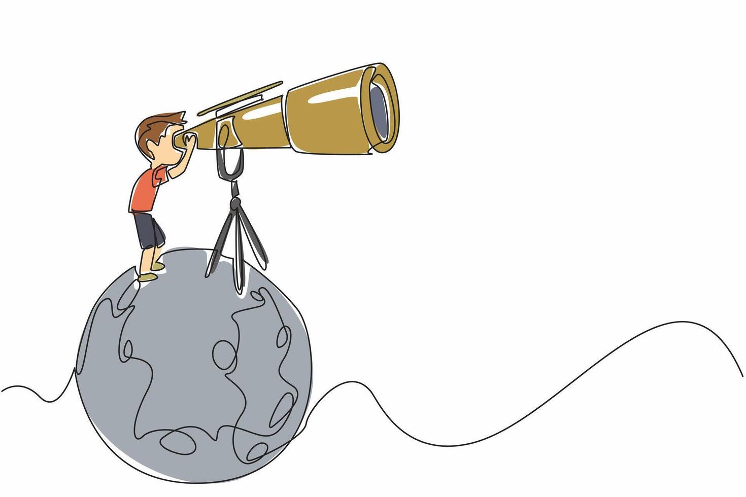 Single one line drawing boy looking through giant telescope at the moon. Studying the knowledge that exists in outer space. Scientist. National Space Day. Continuous line design graphic illustration vector
