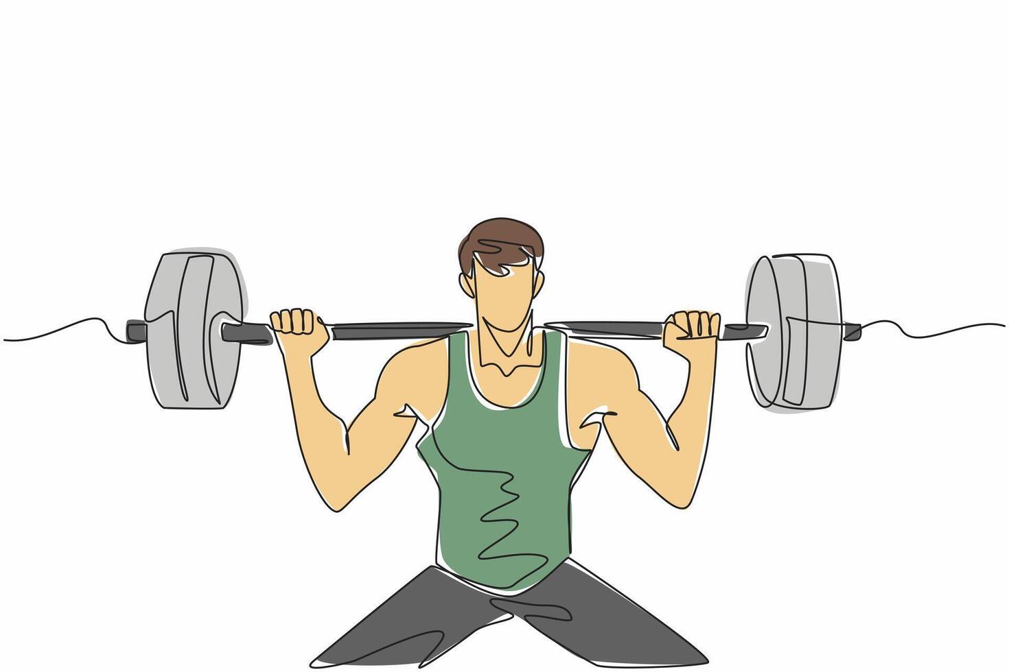 Continuous one line drawing man lifting a barbell on shoulders with both hands. Lifting with the help of muscle mass. The strong one. National Fitness Day. Single line draw design illustration vector